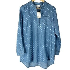 NWT Weekend by Suzanne Betro Denim Blue & White Polka Dot Long Sleeve Tunic